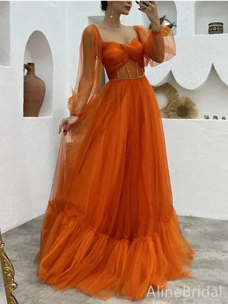 Elegant Burnt Orange Sweatheart A-line Long Tulle Prom Dress with Sheer Sleeves, PD37939