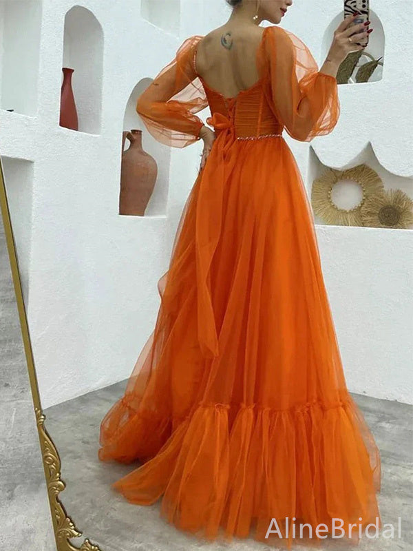 Elegant Burnt Orange Sweatheart A-line Long Tulle Prom Dress with Sheer Sleeves, PD37939