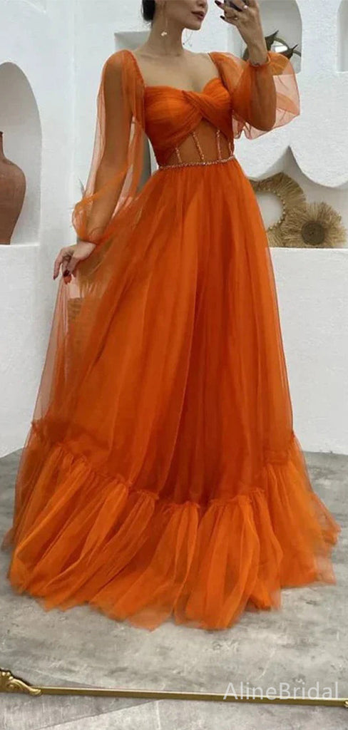 Elegant Burnt Orange Sweatheart A-line Long Tulle Prom Dress with Sheer Sleeves, PD37939