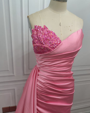 Sexy Pink V-neck Sleeveless Mermaid Floor Length Prom Dress with Beading, PD3648