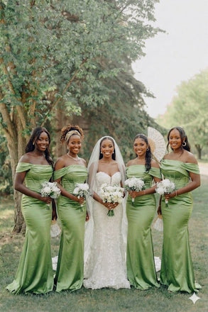 Elegant Green Off the Shoulder Corset Mermaid Bridesmaid Dress, PD2823089