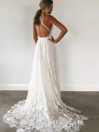 Sexy V-neck A-line Long Lace Wedding Dresses,WD3055