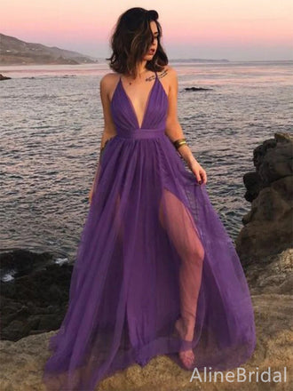 Sexy Deep V-neck Spaghetti Strap Purple A-line Long Prom Dress, PD38045