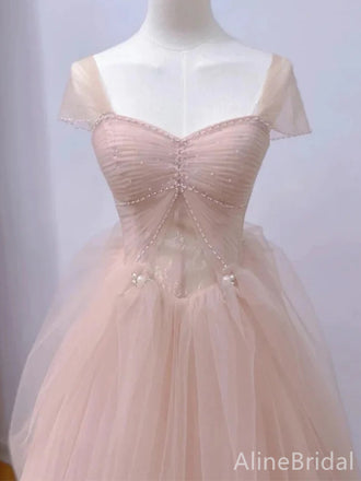 Elegant Light Pink Sweetheart Beading A-line Long Layered Tulle Prom Dress,PD38046
