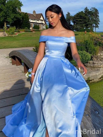 Elegant Pale Blue Off the Shoulder A-line Long Prom Dress, Evening Dress, PD38050