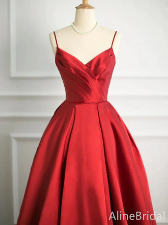 Elegant Red V-neck Spaghetti Strap A-line Long Prom Dress, Evening Dress, PD38051