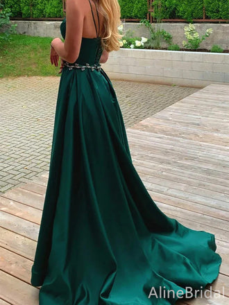 Sexy Emerald Green V-neck Spaghetti Strap A-line Long Prom Dress with Sash, Evening Dress, PD38053