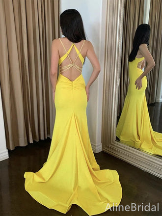 Stunning Yellow Spaghetti Strap Criss-Cross Mermaid Long Prom Dress, Evening Dress, PD38055