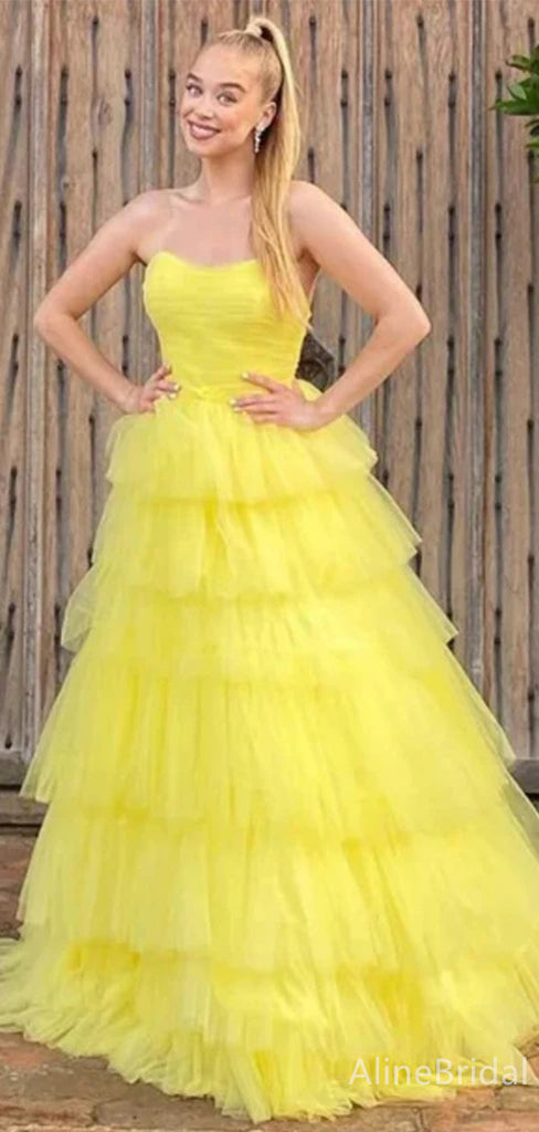 Simple Yellow Strapless A-line Long Prom Dress,PD38060