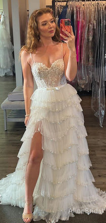 Gorgeous White Sweetheart A-line Tiered Ruffles Long Prom Dress, Evening Gown, PD38061