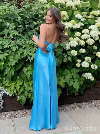 Blue Spaghetti Strap V-neck Lace-Up Memriad Elegant Prom Dress,Floor-Length Dresses,PD38063