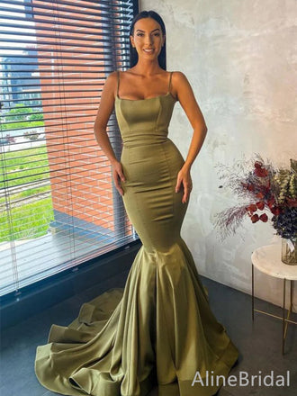 Dramtic Olive Green Square Memriad Long Evening Gown with train, Prom Dress, PD38065