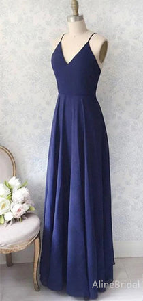 Elegant Navy V-neck Spaghetti Strap A-line Long Prom Dress with Tie Back, PD38068