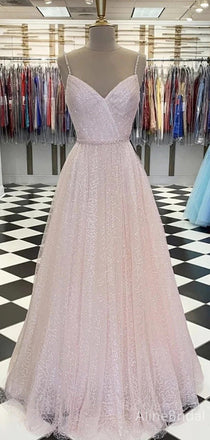 Sparkly Pink V-neck Spaghetti Strap A-line Layered Tulle Prom Dress, Evening Gown, PD38067