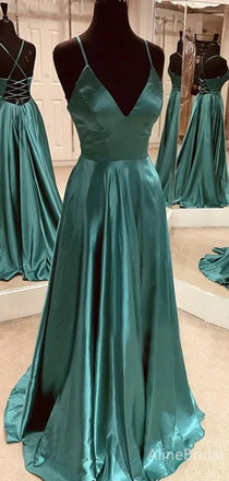 Elegant Emerald Green V-neck Open Back A-line Long Prom Dress, Evening Gown, PD38069