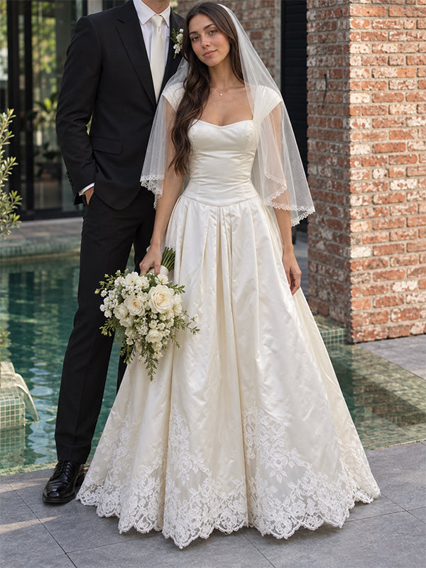 Elegant Floral Lace A-line Satin Wedding Dress with Cap Sleeves, WD3222