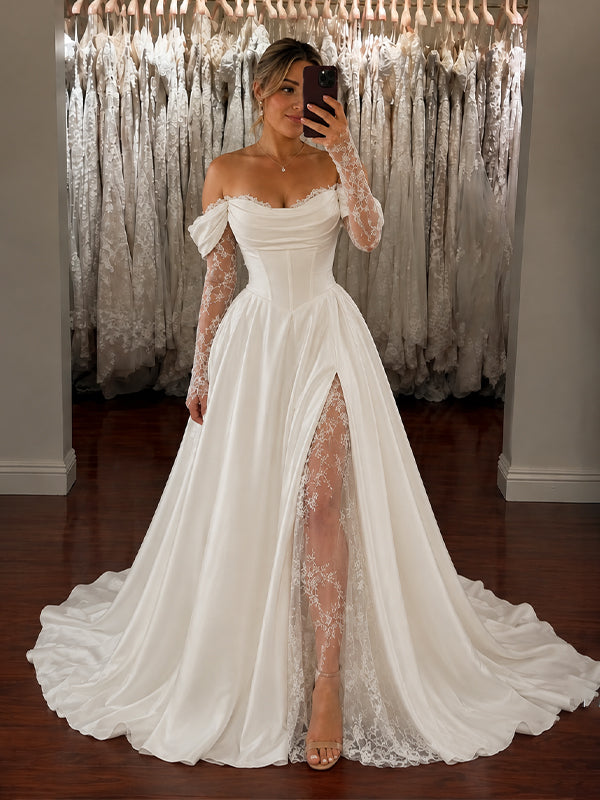Elegant Off the Shoulder Lace Trim A-line Wedding Gowns with Side Slit, WD3228
