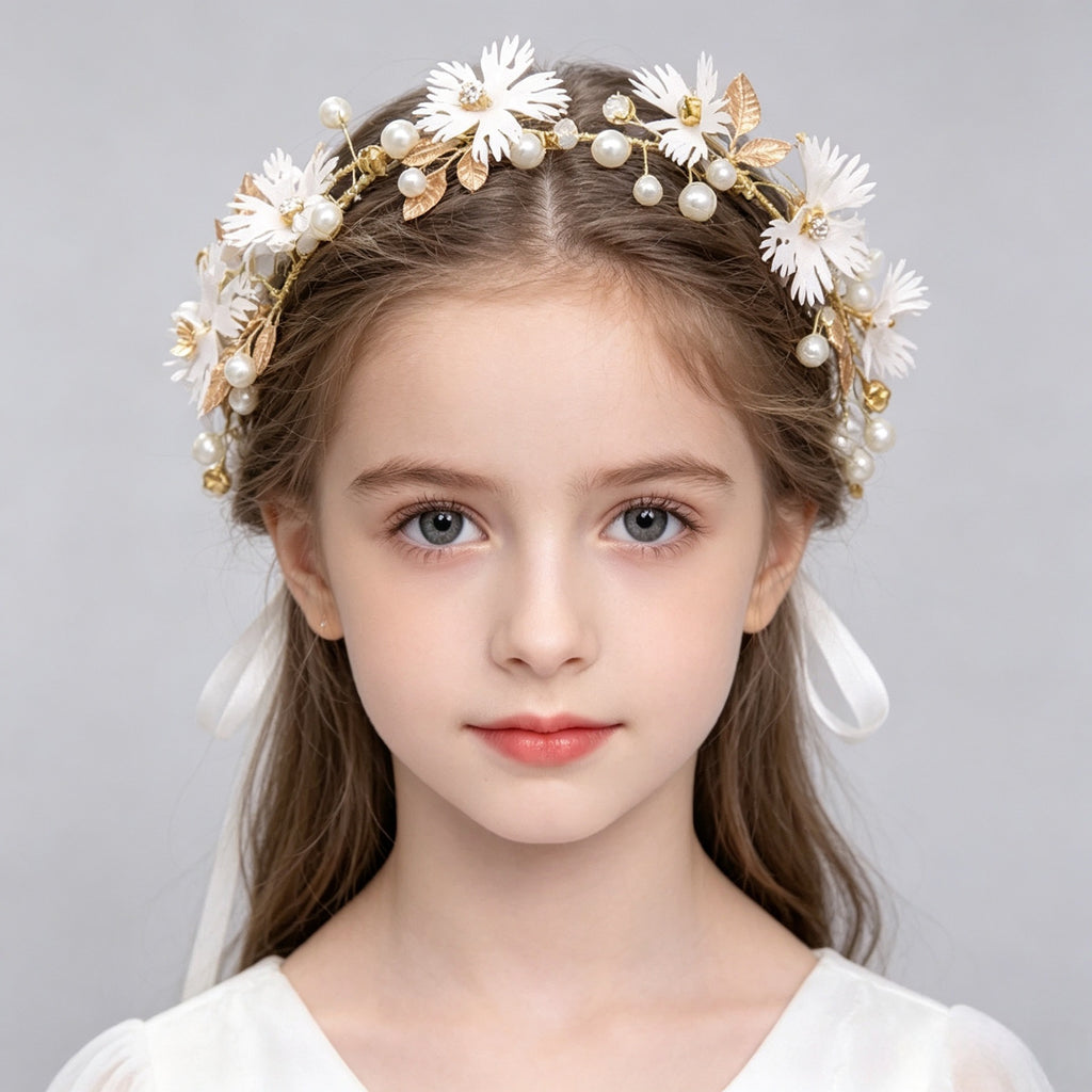 Girls White Flower & Pearl Floral Crown with Ribbon | Flower Girl Wedding Headpiece