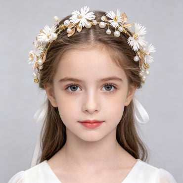 Girls White Flower & Pearl Floral Crown with Ribbon | Flower Girl Wedding Headpiece