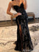 Elegant Black Strapless Side Slit Lace-Up Back Long Prom Dress, Lace Applique Evening Dress, PD3823004