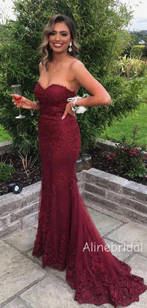 Elegant Strapless Tulle Lace with Train Mermaid Formal Wear For Wedding, Evening Dress, PD382242