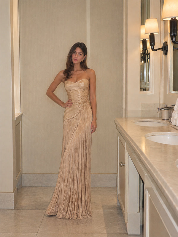 Elegant Champagne Beaded Corset A-line Evening Dress with Fringe Skirt, Prom Dress, PD28231307