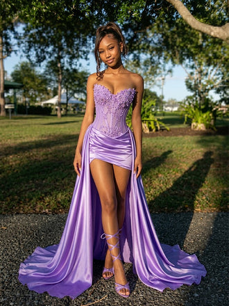 Gorgeous Purple Strapless Floral Beaded High Low Prom Dress, Evening Dress, PD28231226