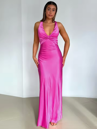 Sexy Pink V-neck Halter  Criss-Cross Backless Long Prom Dress with Bow, PD382053
