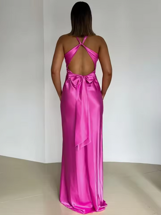 Sexy Pink V-neck Halter  Criss-Cross Backless Long Prom Dress with Bow, PD382053