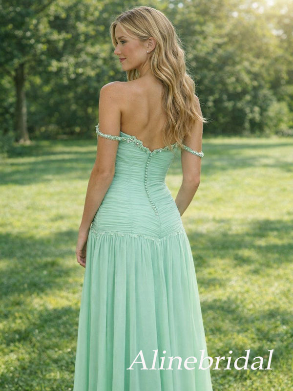 Elegant Green Chiffon Off the Shoulder A-line Long Prom Dress, Evening Dress, PD3823009
