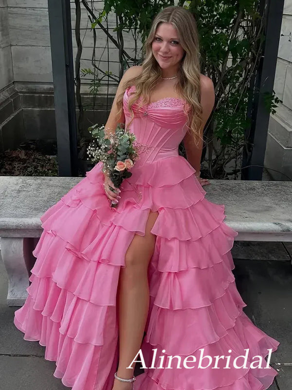 Gorgeous Pink Chiffon Strapless Corset A-line Prom Dress with Slit, Ruffles Tiered Evening Dress, PD3823026