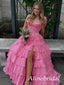 Gorgeous Pink Chiffon Strapless Corset A-line Prom Dress with Slit, Ruffles Tiered Evening Dress, PD3823026