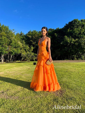 Elegant Orange Ruffles V-neck A-line Tulle Evening Dress, Prom Dress, PD2823058