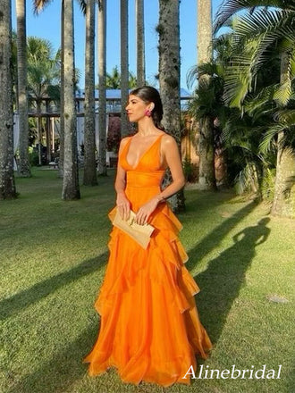 Elegant Orange Ruffles V-neck A-line Tulle Evening Dress, Prom Dress, PD2823058