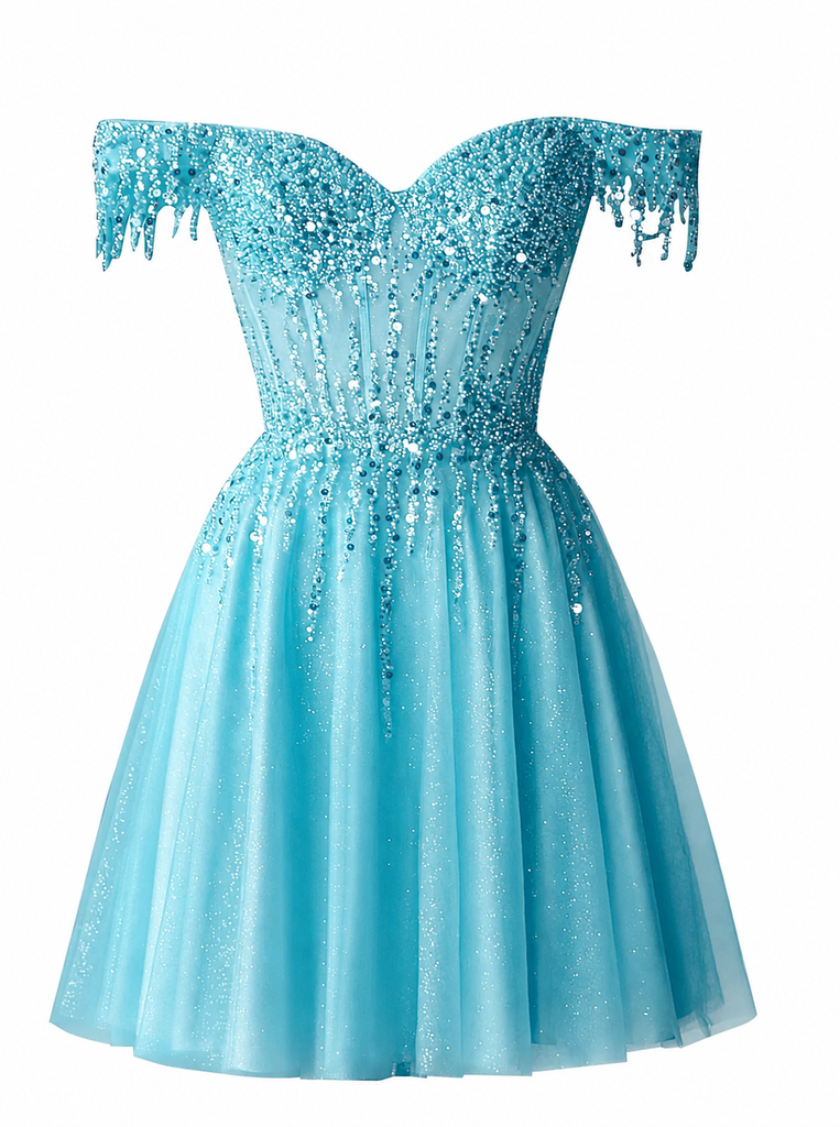 Elegant Red Beaded A-line Tulle Homecoming Dress, HC382322