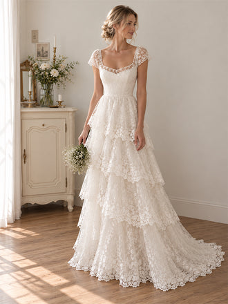 Elegant Floral Lace A-line Chiffon Wedding Dress with Cap Sleeves, WD3226