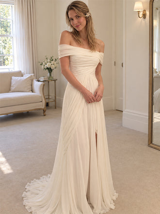 Elegant Off Shoulder Pleated Side Slit A-line Wedding Dress, WD0092