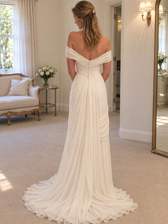 Elegant Off Shoulder Pleated Side Slit A-line Wedding Dress, WD0092