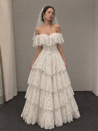 Vintage Ivory Off Shoulder A-line Ruffled Tiered Wedding Dress, WD32237