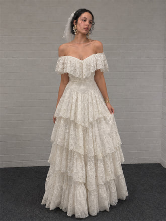 Vintage Ivory Off Shoulder A-line Ruffled Tiered Wedding Dress, WD32237