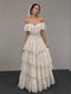 Vintage Ivory Off Shoulder A-line Ruffled Tiered Wedding Dress, WD32237