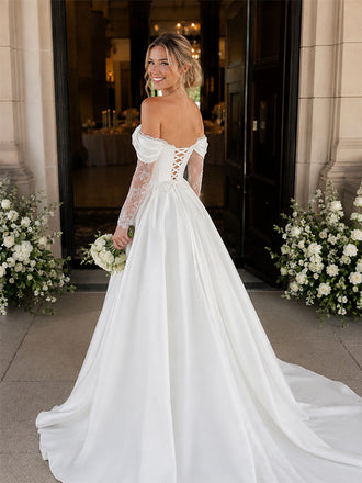 Elegant Off the Shoulder Lace Trim A-line Wedding Gowns with Long Sleeves, WD3228