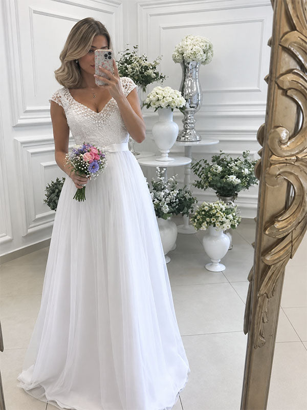 Elegant V-neck Lace Beaded A-line Long Wedding Dress, WD3113