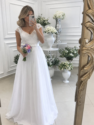 Elegant V-neck Lace Beaded A-line Long Wedding Dress, WD3113