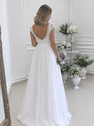 Elegant V-neck Lace Beaded A-line Long Wedding Dress, WD3113