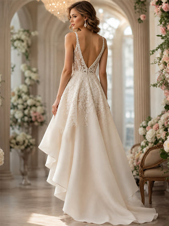 Elegant Ivory V-neck A-line High-Low Lace Wedding Dress, HD3162