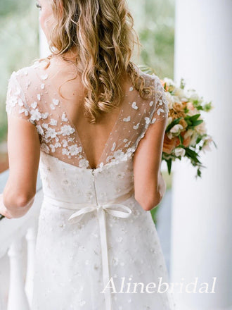 Romantic A-Line Lace Wedding Dress with Cap Sleeves and Heart Appliqués, WD0146