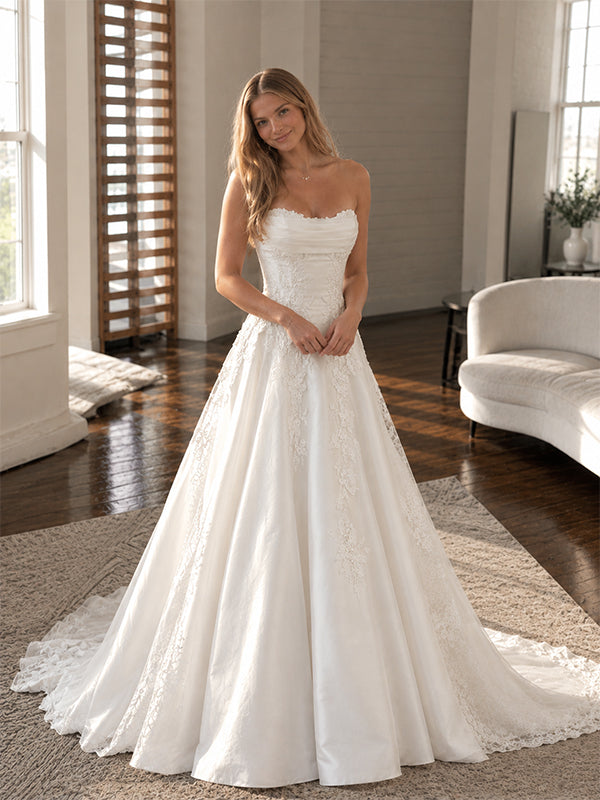 Elegant Strapless Lace Appliques A-line Satin Wedding Dress, WD32239