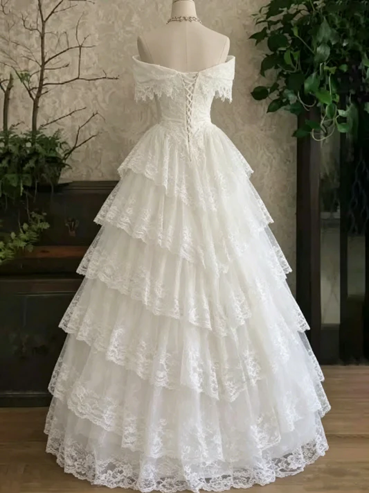 Gorgeous Off the Shoulder A-line Tiered Lace Wedding Gowns, WD32230