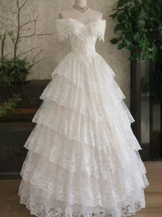 Gorgeous Off the Shoulder A-line Tiered Lace Wedding Gowns, WD32230